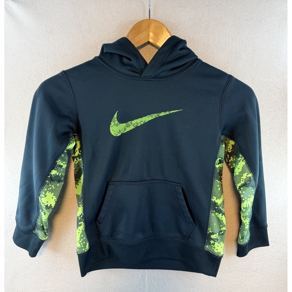 Nike Therma-FIT Youth Size 7 Navy Green Pullover Hoodie Fleece Logo Pockets
